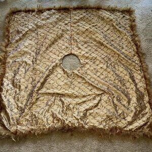 58" square GOLD CHRISTMAS TREE SKIRT Neiman Marcus feather trim FAUX SILK